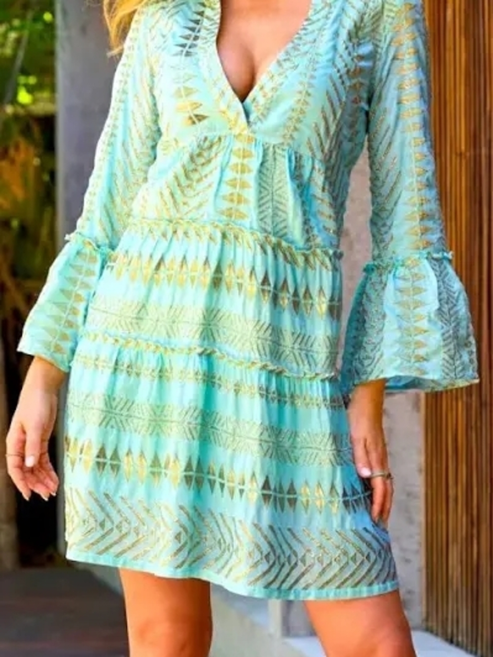 Boston Proper Turquoise Long Sleeve V Neck Minidress W Gold Embroidery-Med